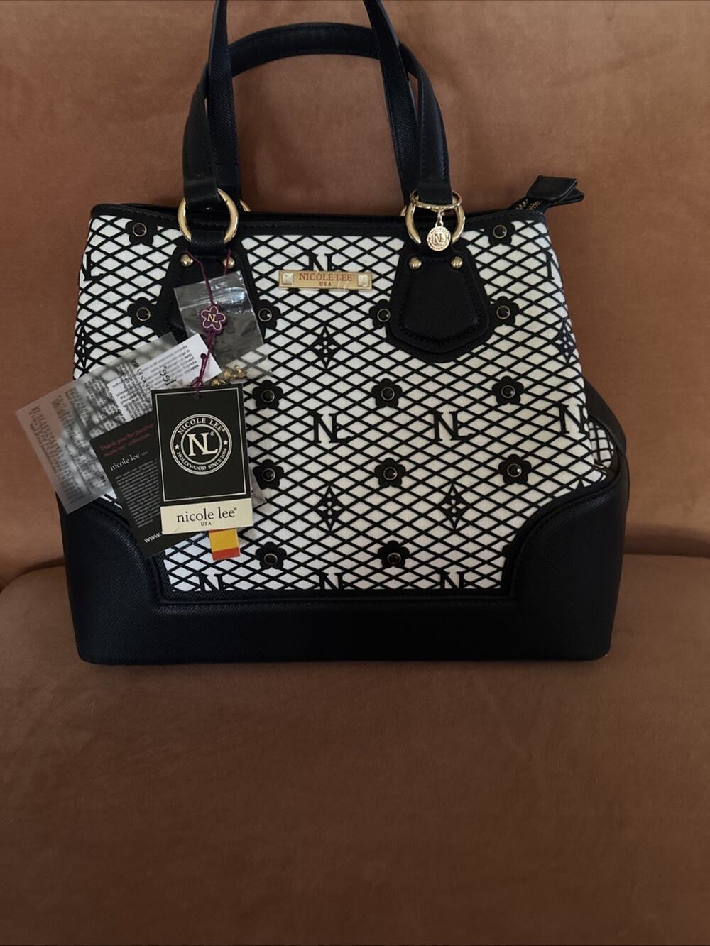 NEW Nicole Lee "Gracie" Monogram Laser-Cut Tote Bag - Black/White (NWT)